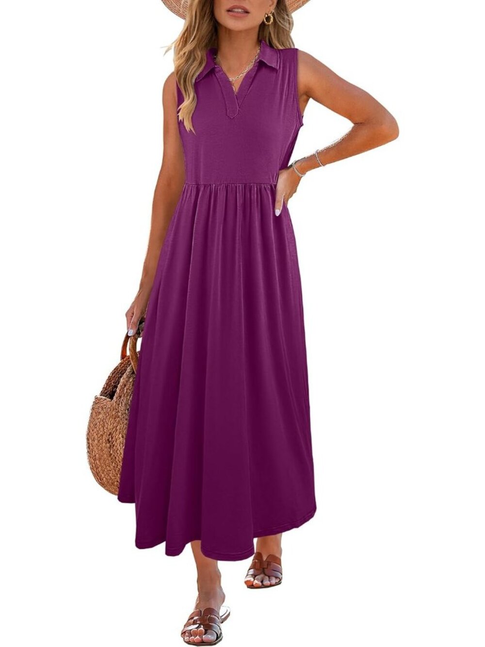 Women's Dark Purple V Neck Flowy Aline Maxi Sundress Summer Sleeveless Dress